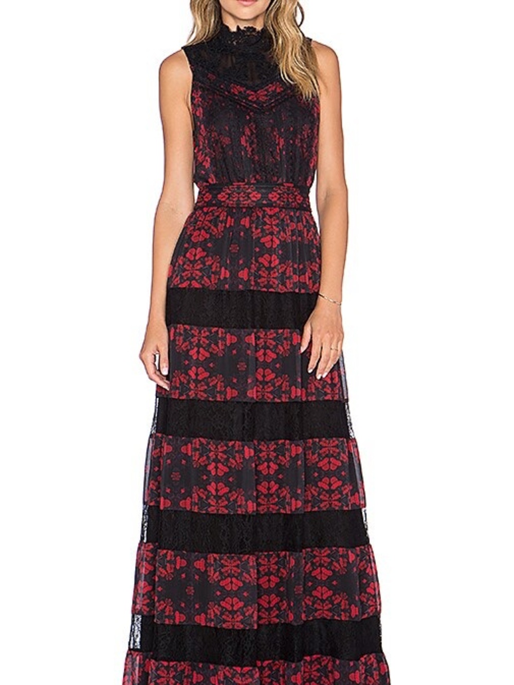 Briella Romantic Lace Maxi Black & Red Lace Tiered Maxi Dress